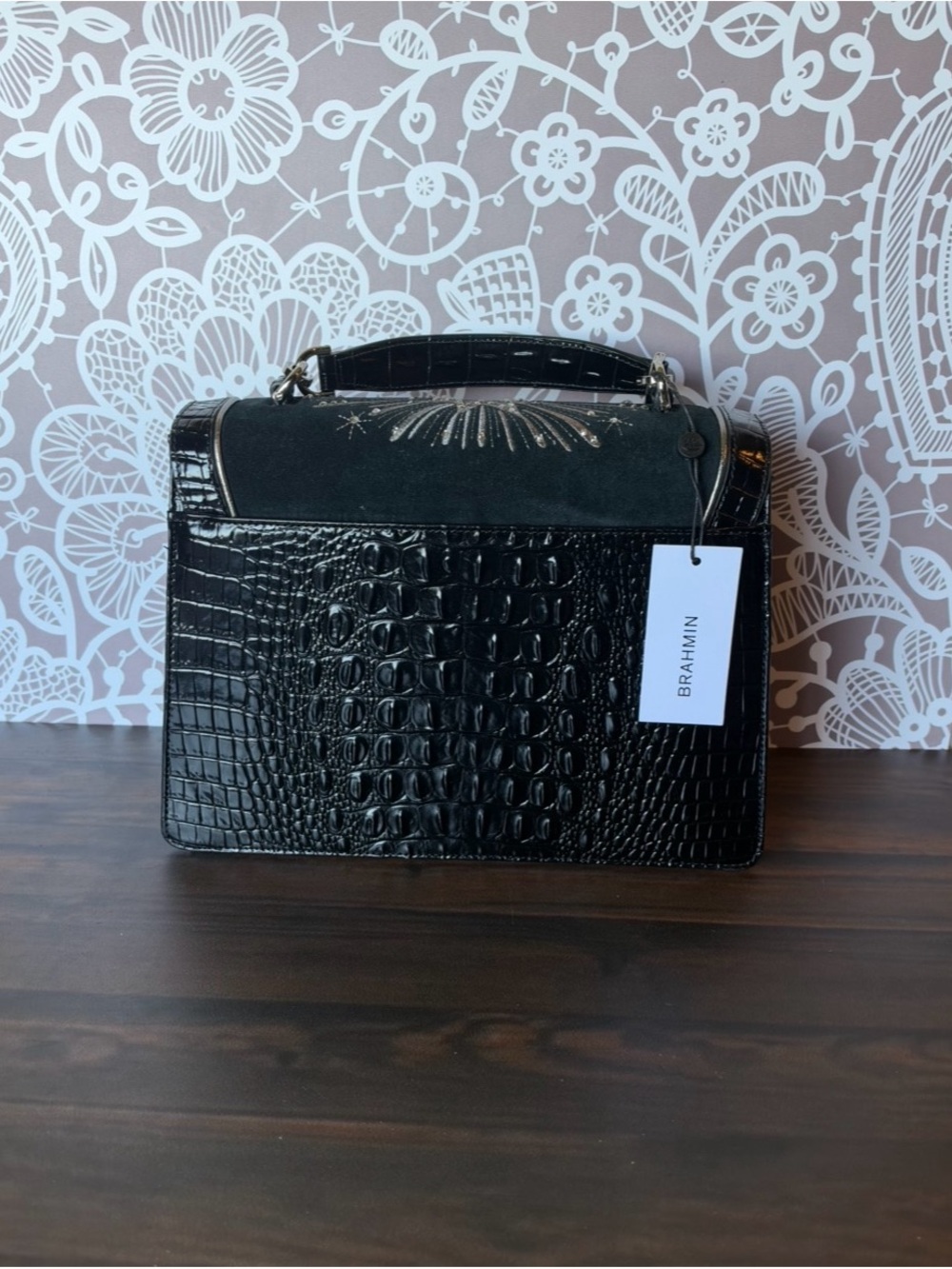 FIRM Brahmin Hallie Black Revel Luxury CRYSTALS ITALIAN SUEDE Satchel Bag $495 - Picture 5 of 13